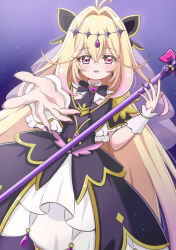  1girl :d absurdres black_bow black_dress blonde_hair bow commentary cure_arcana_shadow dress hair_intakes highres holding holding_wand jewelry jiu_(sdesd3205) long_hair looking_at_viewer meitantei_precure! moria_luluka open_mouth precure reaching reaching_towards_viewer smile solo staff veil very_long_hair wand 