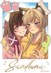  2girls alternate_costume animal_ear_fluff animal_ears artist_name black_hair blue_eyes blush bone brown_hair calermine cartoon_bone cat_ears cat_girl closed_mouth columbina_(genshin_impact) commentary dog_ears dog_girl english_commentary fake_photograph genshin_impact hair_flaps heads_together highres kemonomimi_mode long_hair long_sidelocks multicolored_hair multiple_girls open_mouth paw_print pink_sweater polaroid_photo purple_hair purple_streaks sandrone_(genshin_impact) short_hair short_hair_with_long_locks sidelocks smile streaked_hair sweater two-tone_hair unusually_open_eyes v violet_eyes yellow_sweater yuri 