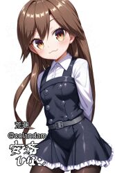  1girl :3 anzai_hinako arashio_(kancolle) arashio_kai_ni_(kancolle) blush breasts brown_eyes brown_hair character_name commentary_request cowboy_shot dress kantai_collection long_hair long_sleeves looking_at_viewer pantyhose pinafore_dress school_uniform shirt skirt sleeveless sleeveless_dress smile solo twitter_username white_background white_shirt 