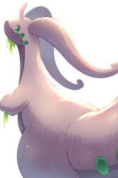  closed_mouth colored_skin commentary_request dragon goodra green_eyes highres no_humans pokemon pokemon_(creature) pokemon_focus purple_skin rumine_(yoshi1234567) simple_background slime_(substance) smile white_background 