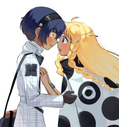  1boy 1girl ahoge bag black_gloves black_hairband blonde_hair blue_hair blush braid dark-skinned_female dark-skinned_male dark_skin eupha_(metaphor:_refantazio) forehead-to-forehead from_side gloves hairband heads_together highres jacket long_hair long_sleeves looking_at_another metaphor:_refantazio noses_touching open_mouth poncho profile protagonist_(metaphor:_refantazio) short_hair simple_background smile third_eye twin_braids violet_eyes white_background white_jacket yellow_eyes yomyompi 