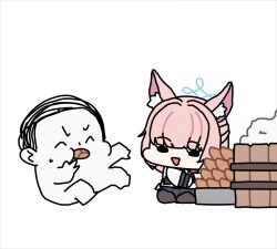  1boy 1girl :d animal_ear_fluff animal_ears animated animated_gif black_pantyhose black_sailor_collar black_skirt blue_archive blue_halo chibi chibi_only commentary doodle_sensei_(blue_archive) feeding food fox_ears fox_girl halo inarizushi medium_hair miniskirt neckerchief niko_(blue_archive) open_mouth pantyhose pink_hair pleated_skirt red_neckerchief rice sailor_collar sechi_(sechihyeo) sensei_(blue_archive) shirt simple_background sitting skirt smile sushi untranslatable_commentary white_background white_shirt 