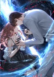  1boy 1girl absurdres bare_shoulders black_dress black_gloves brown_hair couple curtained_hair dress earrings eye_contact formal_clothes game_cg gloves hetero highres holding_hands interlocked_fingers jacket jewelry light_and_night_love long_sleeves looking_at_another lu_chen non-web_source official_art pants parted_lips pink_hair protagonist_(light_and_night_love) red_eyes see-through_clothes see-through_sleeves sky sleeveless sleeveless_dress space star_(sky) starry_sky suit white_jacket 