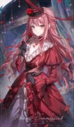  1girl absurdres black_gloves closed_mouth dress flower frilled_dress frills gloves hat hat_flower highres holding holding_flower juliet_sleeves ke_song_da_ren_ye long_hair long_sleeves looking_at_viewer official_alternate_hairstyle original petals picture_frame pink_eyes pink_hair puffy_sleeves red_dress red_flower red_ribbon red_rose ribbon rose sidelocks smile solo top_hat watermark 