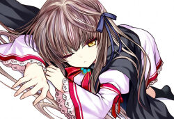  1girl arm_support black_bow black_cape black_ribbon black_socks bow brown_hair cape colored_eyelashes commentary_request dress dutch_angle eyelashes eyes_visible_through_hair foreshortening frilled_dress frilled_sleeves frills full_body gensou_roukaku hair_between_eyes hair_bow hair_ribbon hair_spread_out juliet_sleeves kazamatsuri_institute_high_school_uniform kneehighs long_hair long_sleeves looking_at_viewer neck_ribbon no_shoes one_eye_closed parted_lips puffy_sleeves red_bow red_ribbon rewrite ribbon school_uniform senri_akane simple_background sleeve_bow socks solo top-down_bottom-up very_long_hair white_background white_dress wide_sleeves yellow_eyes 