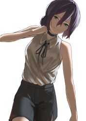  1girl absurdres black_choker black_ribbon black_shorts chainsaw_man choker closed_mouth collared_shirt commentary_request eri_nuz hair_between_eyes hair_bun highres looking_at_viewer neck_ribbon purple_hair reze_(chainsaw_man) ribbon shirt shirt_tucked_in shorts simple_background sleeveless sleeveless_shirt smile solo white_background white_shirt 