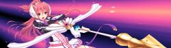  1girl :o aiming armor arrow_(projectile) bow_(weapon) dress en_ciel_rena en_ciel_rena_(sin) floating_hair game_cg gauntlets gloves headgear holding holding_bow_(weapon) holding_weapon kourin_tenshi_en_ciel_rena large_variant_set long_hair magical_girl non-web_source official_art open_mouth pink_eyes pink_hair polearm ponytail red_eyes red_hair saitou_natsuki self-datamine skirt solo space suhamaya thigh-highs tomoe_rena v-shaped_eyebrows variant_set weapon white_gloves zettai_ryouiki 