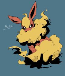  animal_focus ayaka_488 blue_background bright_pupils brown_eyes flareon fluffy full_body highres looking_at_viewer neck_fur no_humans orange_fur pokedex_number pokemon pokemon_(creature) pokemon_focus simple_background sitting solo white_pupils yellow_fur 