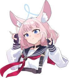  1girl animal_ear_fluff animal_ears armband black_sailor_collar blue_archive blue_halo chest_harness commentary double_fox_shadow_puppet fingerless_gloves fox_ears fox_girl fox_shadow_puppet gloves halo harness highres medium_hair neckerchief niko_(blue_archive) pink_hair red_armband red_neckerchief sailor_collar school_uniform serafuku shimeji_take smile solo tactical_school_uniform upper_body violet_eyes white_background 