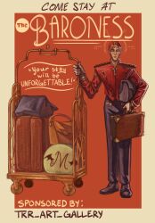  1boy artist_name bellhop_uniform blue_eyes closed_mouth deadlock_(game) doorman_(deadlock) freckles full_body gloves hat highres holding holding_suitcase key keyhole keyring long_sleeves looking_at_viewer luggage_cart male_focus orange_hair poster_(medium) short_hair simple_background smile solo suitcase tkr_art_gallery 