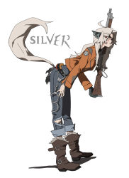  1girl alternate_eye_color ammunition animal_collar animal_ears belt black_belt boots character_name collar crescent cuffs deadlock_(game) full_body fur-trimmed_boots fur_trim gun handcuffs highres holding holding_gun holding_weapon jacket long_hair looking_at_viewer orange_jacket pants plumblossom91 pump_action red_eyes scar scar_on_face shotgun shotgun_shell silver_(deadlock) simple_background solo spiked_belt standing tail torn_clothes torn_pants weapon werewolf white_background white_hair wolf_ears wolf_girl yellow_eyes 