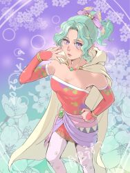  1girl bow bracelet bridal_gauntlets cape detached_sleeves dress earrings final_fantasy final_fantasy_vi floral_background floral_print floral_print_dress floral_print_sleeves ginka2023 gold_bracelet gradient_background green_background green_hair hair_bow high_ponytail highres jewelry pantyhose ponytail print_dress print_pantyhose purple_background purple_bow purple_sash red_dress red_sleeves sash short_dress solo strapless strapless_dress terra_branford tube_dress violet_eyes white_pantyhose white_trim yellow_cape 