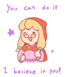  1girl ;d a_hat_in_time belt blonde_facial_hair blonde_hair capelet child commentary cropped_torso dress english_text facial_hair hair_ornament hatnyangii highres hood hood_up hooded_capelet long_hair long_sleeves medallion mustache mustache_girl one_eye_closed open_mouth pink_dress protected_link purple_belt red_capelet smile solo star_(symbol) thumbs_up white_background 