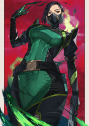 1girl absurdres bangs black_gloves black_hair black_thighhighs blue_eyes bodysuit breasts gloves green_bodysuit gun highres holding holding_gun holding_weapon kagematsuri large_breasts looking_at_viewer mask mouth_mask short_hair smoke solo thigh-highs valorant viper_(valorant) weapon