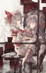  blue_hair chair closed_eyes dress eyes_closed hand_holding hat high_heels holding_hands long_hair makai_no_juumin multiple_girls patchouli_knowledge pointy_ears purple_hair red_eyes remilia_scarlet shoes short_hair sitting sleeping table the_embodiment_of_scarlet_devil touhou 