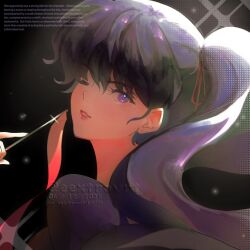  1girl ;) black_hair dark_background eextrovrt english_commentary english_text highres kunou_kodachi looking_at_viewer one_eye_closed parted_lips ponytail portrait ranma_1/2 red_lips smile solo violet_eyes 