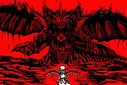  dark_particles destoroyah flandre_scarlet giant giant_monster godzilla_(series) highres horns kaiju ocean red_background saturated single_horn touhou water_drop 