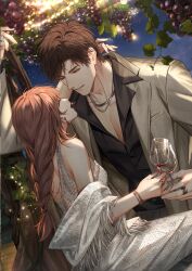  1boy 1girl absurdres alcohol black_shirt bracelet braid brown_hair cup curtained_hair dress drinking_glass earrings food fruit game_cg grapes hetero highres holding holding_cup jacket jewelry light_and_night_love looking_at_another lu_chen necklace night non-web_source official_art outdoors pink_hair protagonist_(light_and_night_love) red_eyes ring shirt sky tree white_dress wine wine_glass 