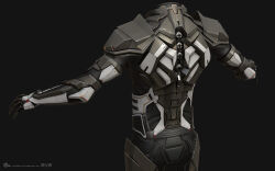  3d armor armored_bodysuit commentary company_logo company_name copyright_logo copyright_name cowboy_shot dark_background dated english_commentary eve_online from_behind grey_armor grey_background grey_theme highres logo marmoset_toolbag_(medium) maya_(medium) no_humans official_art realistic science_fiction simple_background undoz 