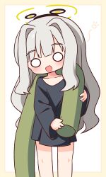  1girl :d absurdres black_shirt blue_archive blush border brown_border chibi commentary_request feet_out_of_frame grey_hair hair_intakes halo hana_kazari hare_(blue_archive) hare_(pajamas)_(blue_archive) highres long_hair long_sleeves looking_at_viewer o_o shirt smile solo standing very_long_hair white_background 