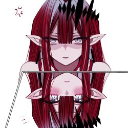  1girl anger_vein baobhan_sith_(fate) baobhan_sith_(first_ascension)_(fate) bare_shoulders blush closed_mouth fate/grand_order fate_(series) grey_eyes highres long_hair looking_at_viewer mcpc_zamurai multiple_views pointy_ears red_hair solo 