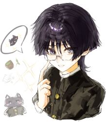  1boy alternate_costume animalization bespectacled black_hair black_jacket blunt_ends blush contemporary cropped_torso cup finger_to_cheek fingernails frana20103 gakuran genshin_impact glasses green_tea hair_intakes highres index_finger_raised jacket kettle leaf looking_at_viewer male_focus multicolored_hair open_mouth person_and_animalization portrait purple_hair rimless_eyewear scaramouche_(cat)_(genshin_impact) scaramouche_(genshin_impact) school_uniform shirt smile solo spoken_animal streaked_hair tea tsurime undershirt violet_eyes white_background white_mouth white_shirt yunomi 