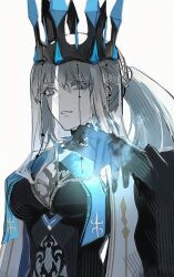  1girl black_dress black_gloves black_veil blue_cape blue_eyes breasts cape crown dress fate/grand_order fate_(series) gloves grey_hair hair_between_eyes hair_ornament hand_up high_ponytail highres long_hair long_sleeves looking_at_viewer magic medium_breasts morgan_le_fay_(fate) morgan_le_fay_(queen_of_winter)_(fate) onigiri_222x714 pale_skin ponytail see-through_clothes see-through_veil sidelocks simple_background solo teeth two-sided_cape two-sided_fabric upper_body veil white_background white_cape wide_sleeves 