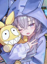  1girl abstract_background animal_ear_hood commentary dashed_eyes english_commentary eyeshadow grey_eyes grey_hair hair_between_eyes hair_over_shoulder highres holding holding_stuffed_toy honkai:_star_rail honkai_(series) hood long_hair long_sleeves looking_at_viewer lower_teeth_only makeup nail_polish official_alternate_costume one_eye_closed onesie open_mouth pajamas purple_eyeshadow purple_nails rafi_(rafitea) silver_wolf_(honkai:_star_rail) solo stuffed_toy tearing_up teeth upper_body v 
