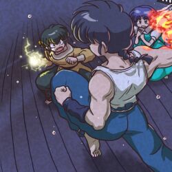  1girl 2boys ass bandana barefoot blue_hair commentary_request fighting fire fuurinkan_high_school_uniform hibiki_ryouga multiple_boys open_mouth ranma_1/2 saotome_ranma school_uniform short_hair tendou_akane wanta_(futoshi) yellow_bandana 