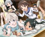  barefoot bed cake charlotte_e_yeager doll dutch_angle eila_ilmatar_juutilainen erica_hartmann fang food francesca_lucchini gertrud_barkhorn green_eyes hi-ho- highres lying military military_uniform miyafuji_yoshika on_stomach panties perrine-h_clostermann playing_games sailor sailor_uniform sanya_v_litvyak strike_witches striped striped_panties thighhighs toy underwear uniform 