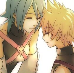  1boy 1girl age_difference aqua_(kingdom_hearts) black_shirt blonde_hair blue_hair chinese_commentary closed_eyes commentary_request detached_sleeves expressionless forehead-to-forehead heads_together height_difference kingdom_hearts kingdom_hearts_birth_by_sleep leaning_forward light_smile lowres medium_hair rrr shirt shoulder_strap sleeveless sleeveless_shirt upper_body ventus_(kingdom_hearts) white_background yellow_theme 