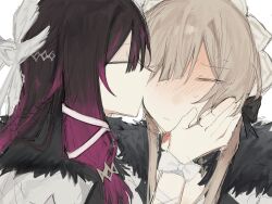  2girls black_bow black_hair blush bonnet bow cholerr closed_eyes closed_mouth coat columbina_(genshin_impact) commentary fatui_coat fur-trimmed_coat fur_trim genshin_impact hair_bow hair_ornament hand_on_another's_cheek hand_on_another's_face head_wings highres kiss kissing_cheek long_hair multicolored_hair multiple_girls purple_hair purple_streaks ribbon sandrone_(genshin_impact) simple_background streaked_hair two-tone_hair white_background white_bow white_headdress white_wings wings wrist_bow yuri 