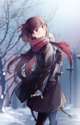  1girl black_coat black_pantyhose brown_skirt coat commentary cowboy_shot english_commentary from_behind girls_frontline gloves hair_ornament hair_ribbon highres long_hair looking_at_viewer looking_back official_alternate_costume one_side_up pantyhose plaid_clothes plaid_skirt purple_hair red_eyes red_ribbon red_scarf ribbon scarf skirt smile snow snowflake_hair_ornament solo tree wa2000_(date_in_the_snow)_(girls'_frontline) wa2000_(girls'_frontline) white_gloves yorktown_cv-5 