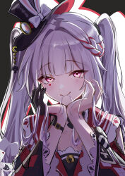  1girl absurdres black_gloves black_hat blush closed_mouth collarbone commentary_request gloves hair_tie_in_mouth hat highres honkai:_star_rail honkai_(series) long_hair long_sleeves looking_at_viewer mouth_hold official_alternate_costume official_alternate_hair_color pink_eyes portrait single_glove skirt smile solo sparkle_(honkai:_star_rail) sparxie_(honkai:_star_rail) tokonatsu_(epfm5277) top_hat twintails upper_body very_long_hair white_skirt wide_sleeves 