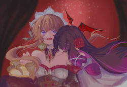 2girls artist_name bare_shoulders black_collar black_hair black_sleeves blood_sucking blue_eyes bonnet brown_hair closed_eyes collar columbina_(genshin_impact) detached_collar detached_sleeves dress eye_mask gem genshin_impact hair_ornament head_wings highres kitsunetenma long_hair long_sleeves mask multicolored_hair multiple_girls open_mouth purple_hair purple_streaks red_background red_gem ribbon sandrone_(genshin_impact) simple_background streaked_hair two-tone_hair very_long_hair white_dress white_headdress wings x-shaped_eyewear 