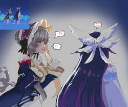 2girls anger_vein angry bare_shoulders black_bow black_collar black_dress black_hair black_sleeves blue_eyes bonnet bow brown_hair clockwork collar columbina_(genshin_impact) detached_collar detached_sleeves dress genshin_impact gloves hair_ornament hands_up head_wings heart highres kitsunetenma long_hair long_sleeves multicolored_hair multiple_girls multiple_wings purple_hair purple_streaks sandrone_(genshin_impact) short_hair_with_long_locks simple_background streaked_hair two-tone_hair very_long_hair white_dress white_gloves white_wings wing_hair_ornament wings 