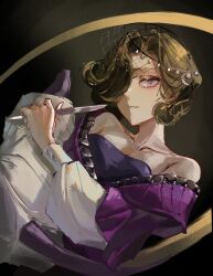  1girl absurdres bare_shoulders black_background black_hair blanket commentary_request dress fishnet_veil hair_over_one_eye highres holding holding_blanket holding_knife knife looking_at_viewer matte_(maaaatte32_zip) off_shoulder one_eye_covered pink_eyes purple_dress reverse:1999 short_hair solo swaddled table_knife tuesday_(miss_horror)_(reverse:1999) tuesday_(reverse:1999) upper_body 