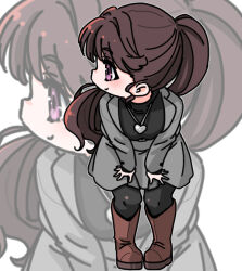  1girl black_pantyhose black_sweater boots brown_boots brown_hair commentary fujishima_megumi fujishima_megumi_(post-graduation) full_body grey_jacket grey_skirt hair_intakes hands_on_own_thighs heart heart_necklace jacket jewelry knee_boots leaning_forward link!_like!_love_live! long_hair looking_to_the_side love_live! necklace open_clothes open_jacket pantyhose pleated_skirt ponytail shinanoya_(satanicad) skirt skirt_suit solo suit suit_jacket sweater turtleneck turtleneck_sweater very_long_hair violet_eyes virtual_youtuber white_background zoom_layer 