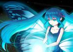  aqua_eyes bare_shoulders blue_hair butterfly_wings collarbone dress hair_ribbon hatsune_miku light night solo twintails very_long_hair vocaloid 