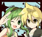  goggles goggles_on_head green_eyes green_hair gumi headphones kagamine_len short_hair smile star text vocaloid wink zukeyni 