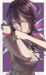  1girl absurdres aqua_eyes black_choker black_ribbon chainsaw_man choker collared_shirt commentary_request grenade_pin grey_shirt hair_between_eyes highres looking_at_viewer medium_hair neck_ribbon purple_hair reze_(chainsaw_man) ribbon shirt sleeveless sleeveless_shirt solo zi0n 