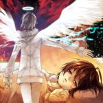  bad_id brown_eyes brown_hair coat electricity halo highres large_wings last_order misaka_worst scr.e to_aru_majutsu_no_index white_hair wings winter_clothes 