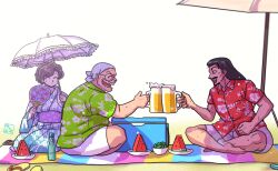  1girl 2boys alcohol barefoot beach beer commentary_request food fruit glasses multiple_boys open_mouth ranma_1/2 saotome_genma saotome_nodoka shadow sweat tendou_souun umbrella wanta_(futoshi) watermelon 