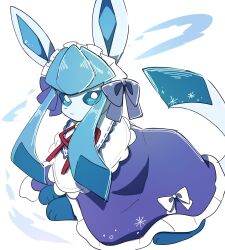  animal_focus ayaka_488 blue_bow blue_dress blue_eyes blue_fur bow bright_pupils capelet capelet_bow closed_mouth clothed_pokemon dress frills full_body glaceon glaceon_(tea_party) looking_at_viewer lying maid_headdress no_humans pokemon pokemon_(creature) pokemon_focus pokemon_unite red_ribbon ribbon simple_background solo two-tone_fur white_background white_capelet white_pupils 