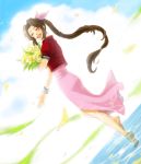  barefoot biancax bolero bracelet braid brown_hair closed_eyes cropped_jacket dutch_angle eyes_closed final_fantasy final_fantasy_vii flower hair_ribbon jewelry long_hair ponytail ribbon single_braid solo 