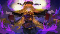  1849104416 1girl arms_up belt black_belt black_dress black_hat blonde_hair breasts chinese_clothes colored_inner_hair commentary_request cowboy_shot crescent crescent_print dalachi_(headdress) dress empty_eyes energy floating_hair full_moon hair_between_eyes half-closed_eyes hat junko_(touhou) long_hair long_sleeves looking_at_viewer mandarin_collar medium_breasts moon multicolored_hair neck_ribbon night orange_hair outdoors outstretched_arms phoenix_print pink_eyes pom_pom_(clothes) purple_sky red_pupils red_tabard ribbon sky solo spread_arms standing star_(sky) starry_sky tabard tassel teeth touhou very_long_hair wide_sleeves yellow_ribbon 