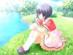  aizawa_tobari alcot_(company) bangs black_hair blush bob_cut bow cross-laced_footwear day fairchild footwear frilled_skirt game_cg grass knees_together_feet_together knees_touching lake long_skirt nimura_yuuji official_art open_mouth outdoors puffy_sleeves red_ribbon ribbon school_uniform serafuku shoes short_hair short_sleeves sitting skirt socks solo sunbeam sunlight water white_ribbon yellow_ribbon 