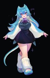  1girl bimas bimas_(vtuber) blue_hair blue_shoes dress flower flower_request highres long_hair looking_at_viewer multicolored_hair open_mouth original pointy_ears purple_ribbon ribbon shoes short_dress smile tail virtual_youtuber white_flower yellow_eyes 