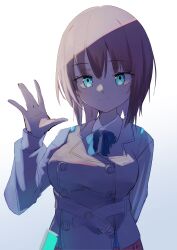  1girl absurdres aoi_erika arm_behind_back arm_up blue_bow blue_bowtie blue_eyes bow bowtie brown_hair grey_vest heaven_burns_red highres kisaragi_yayoi_(ksrg_yayoi) looking_at_viewer school_uniform short_hair simple_background upper_body vest white_background 