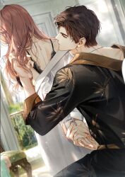  1boy 1girl absurdres back bare_shoulders black_bra black_pants black_shirt blurry blurry_background bra brown_hair couple curtained_hair day from_behind game_cg hetero highres holding_hands indoors jewelry light_and_night_love light_particles long_sleeves lu_chen necklace non-web_source off_shoulder official_art pants pink_hair protagonist_(light_and_night_love) red_eyes shirt sitting underwear white_shirt window 